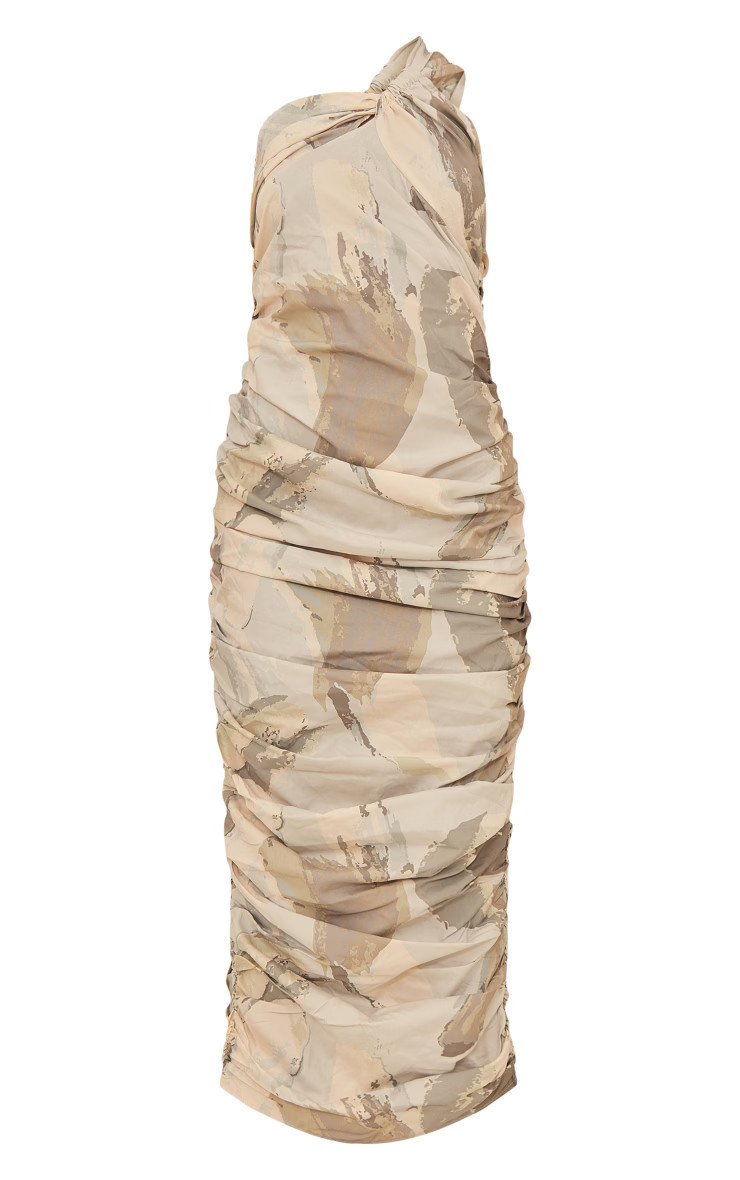 Cream Abstract Print Knot One Shoulder Ruched Midaxi Dress | PrettyLittleThing UK