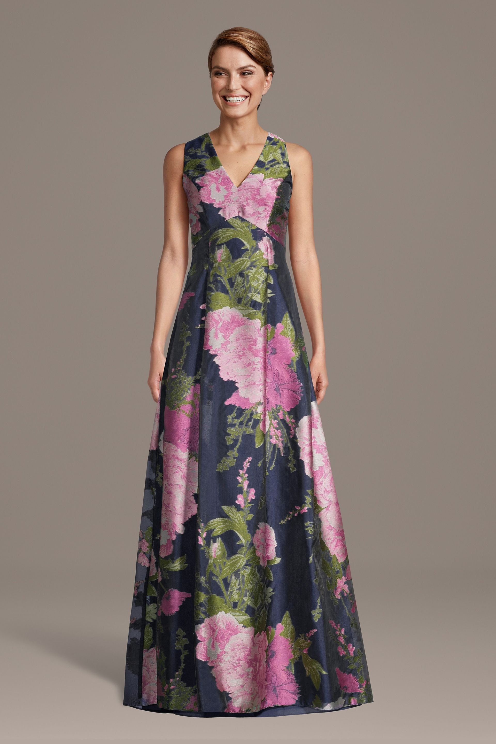 Empire Waist V-Neck Floral Print Box-Pleated Dress | David's Bridal
