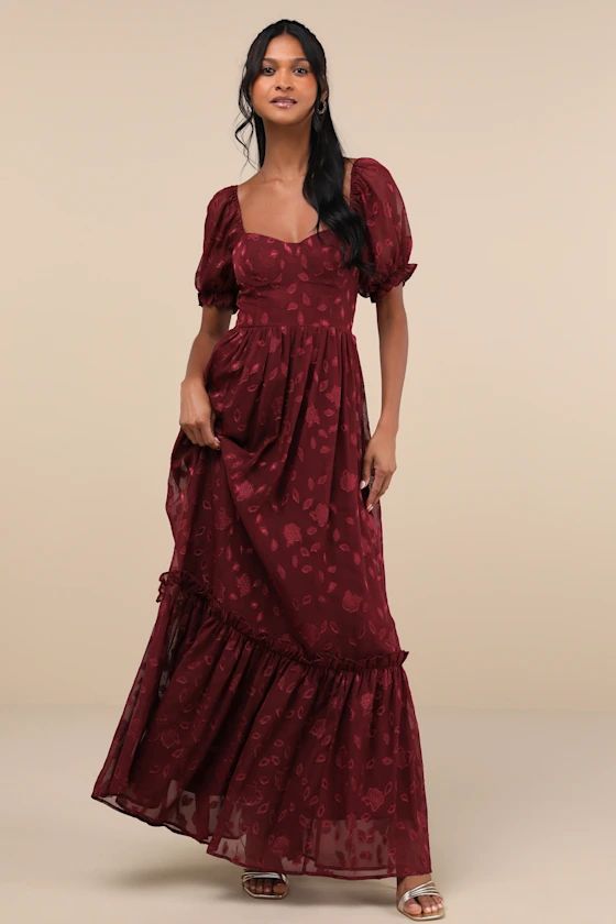 Phenomenal Sweetness Burgundy Floral Burnout Bustier Maxi Dress | Lulus