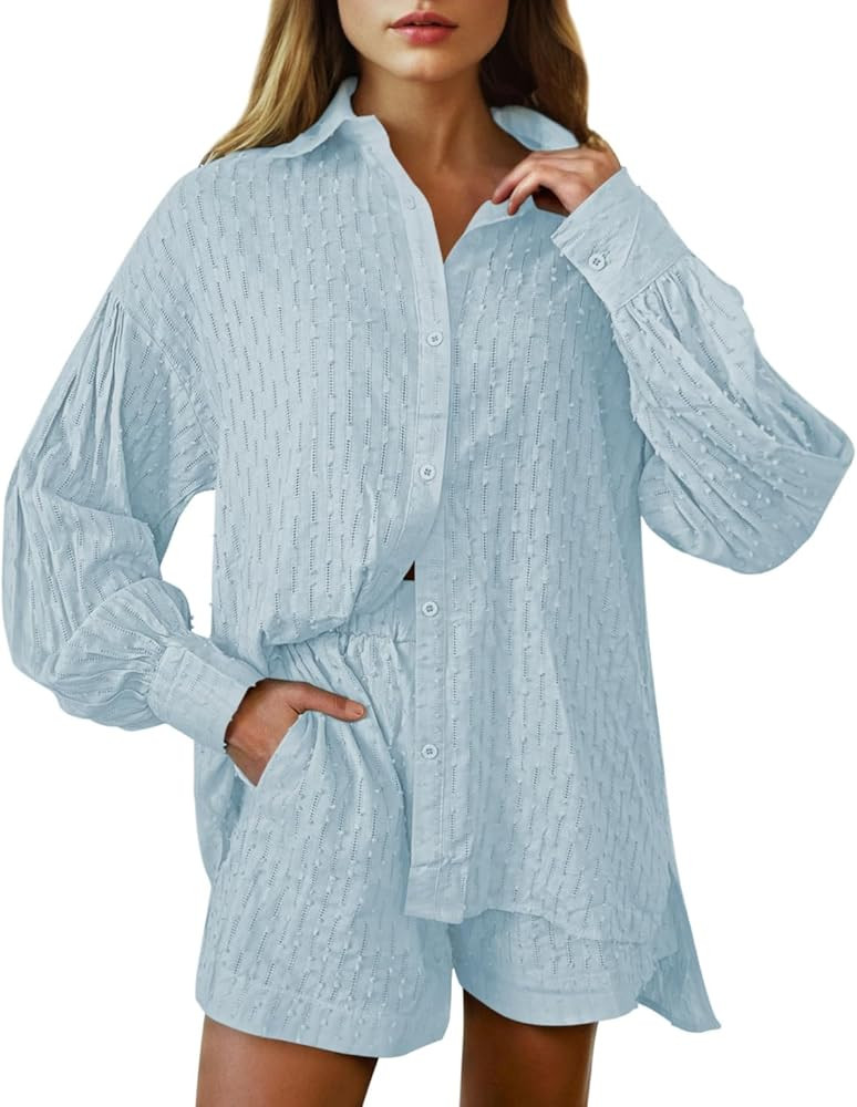 Women's 2 Piece Outfits Oversized Long Puff Sleeve Blouse Shirt High Waisted Side Pocket Shorts S... | Amazon (US)