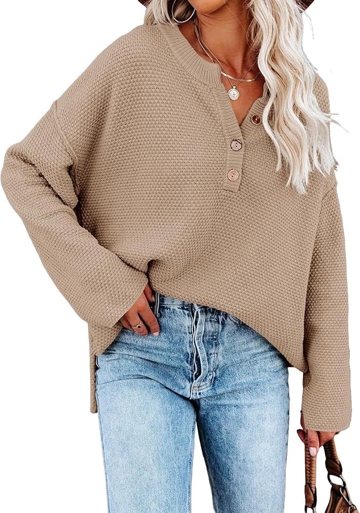 Saodimallsu Women's Oversized Sweaters Batwing Long Sleeve Loose V Neck Button Henley Tops Pullover  | Amazon (US)