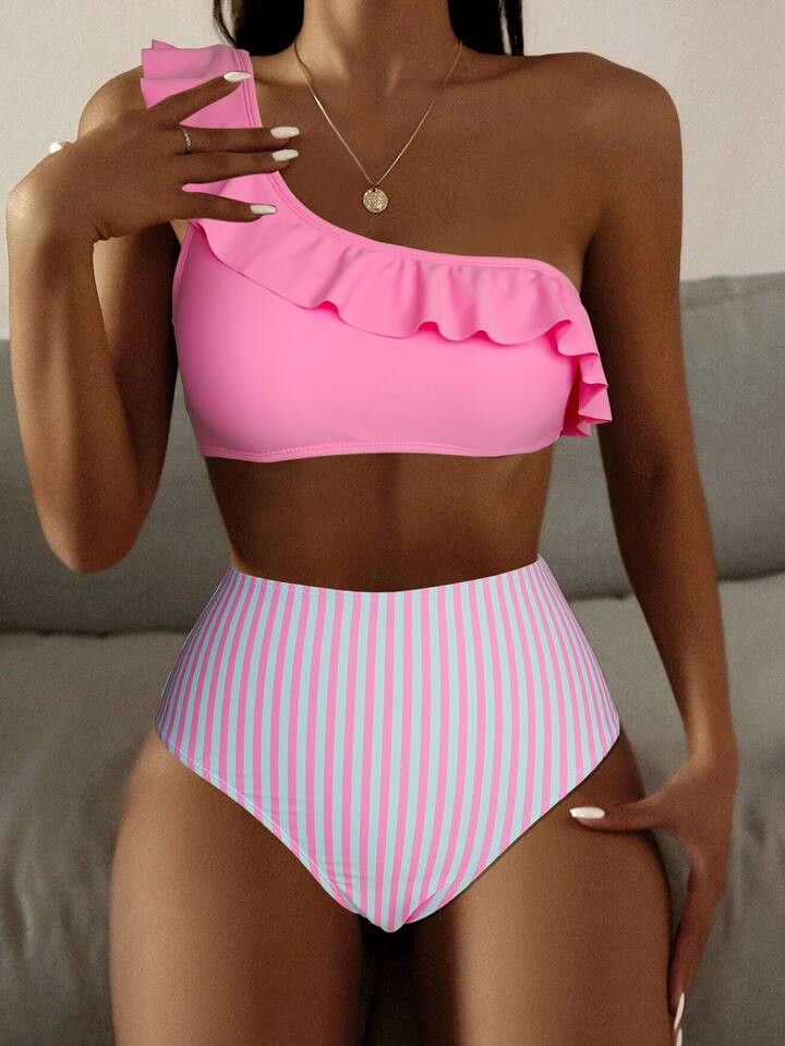SHEIN Swim Summer Beach Striped Ruffle Trim One Shoulder High Waisted Bikini | SHEIN USA | SHEIN