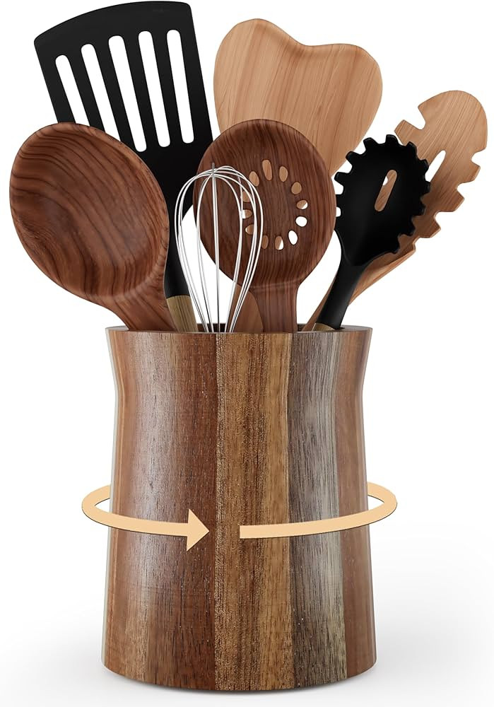 Utensil Holder, Acacia Wood Utensil Holder for Kitchen Counter, 360° Rotating Cooking Utensil Cr... | Amazon (CA)