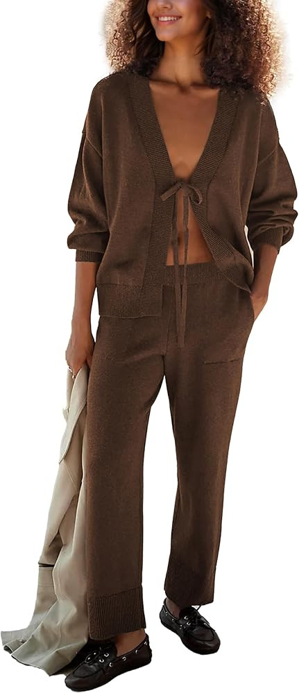 Women's Two Piece Outfits Long Sleeve Tie Front Top Straight Leg Pants Knit Sweater Lounge Sets | Amazon (US)
