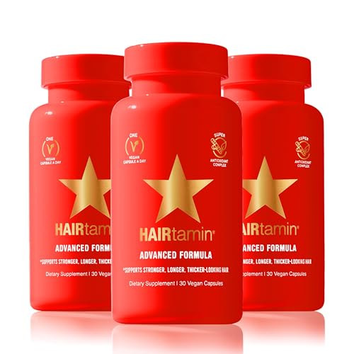 HAIRtamin Advanced Formula Hair Growth Supplement for Women & Men, Supports Stronger, Longer, Visibly Thicker Hair, With 5000 mcg Biotin, Vitamins & Antioxidants, 100% Vegan – 3 Month Supply | Amazon (US)