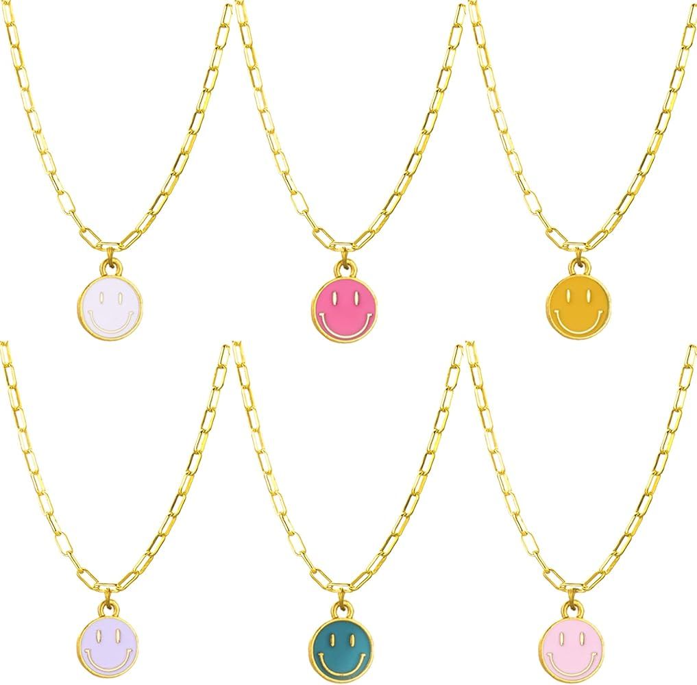 SONNYX 6 PCS Smiley Face Necklace Set for Women Girls Simple Gold Paperclip Chain Necklace Cute Roun | Amazon (US)