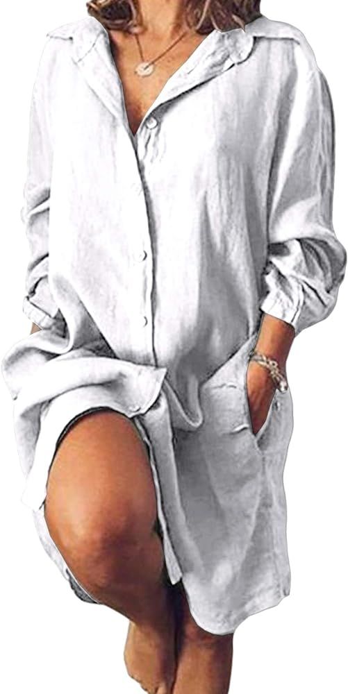 Runcati Womens Long Sleeve Button Down Shirts Linen Cotton Tunic Tops Solid Blouse Cover Up Loose... | Amazon (US)