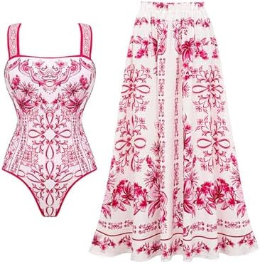 FLAXMAKER Lily and Majolica Series Intertwine Pattern Print Sling One Piece Swimsuit and Skirt | Amazon (US)