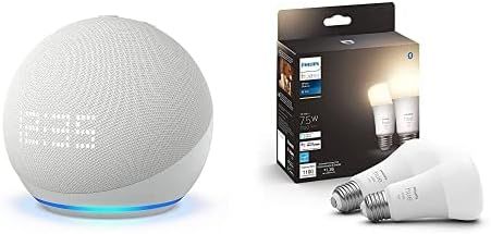 Echo Dot (5th Gen) with Clock | Glacier White with Philips Hue 2-Pack White Smart Bulbs | Amazon (US)