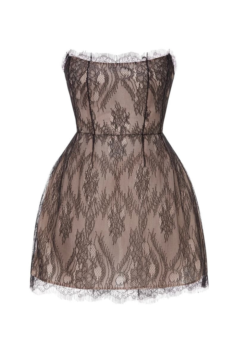 BROWN LACE STRAPLESS MINI DRESS | BALYKINA | CULT MIA | CULT MIA UK LTD