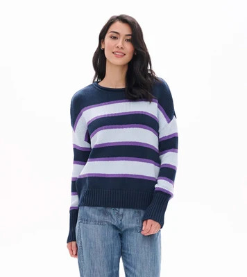 Women's Rolled Collar Sweater - Preppy Blue Stripes | Hatley