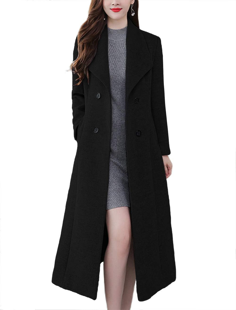 chouyatou Women's Maxi Long Wool Blend Pea Coat Shawl Collar Double Breasted Winter Trench Coat Overcoat | Amazon (US)