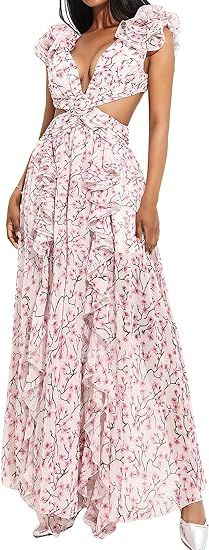 Women V Neck Dress Sleeveless Dress Backless Maxi Dress for Women Cutout Floral Dress Ruffle Hem ... | Amazon (US)