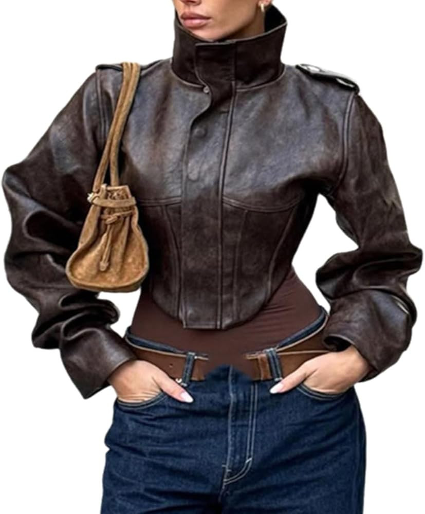 Wuitrie Womens Vintage Faux Leather Jacket High Neck Cropped Coat Long Sleeve Fashion Outerwear C... | Amazon (US)
