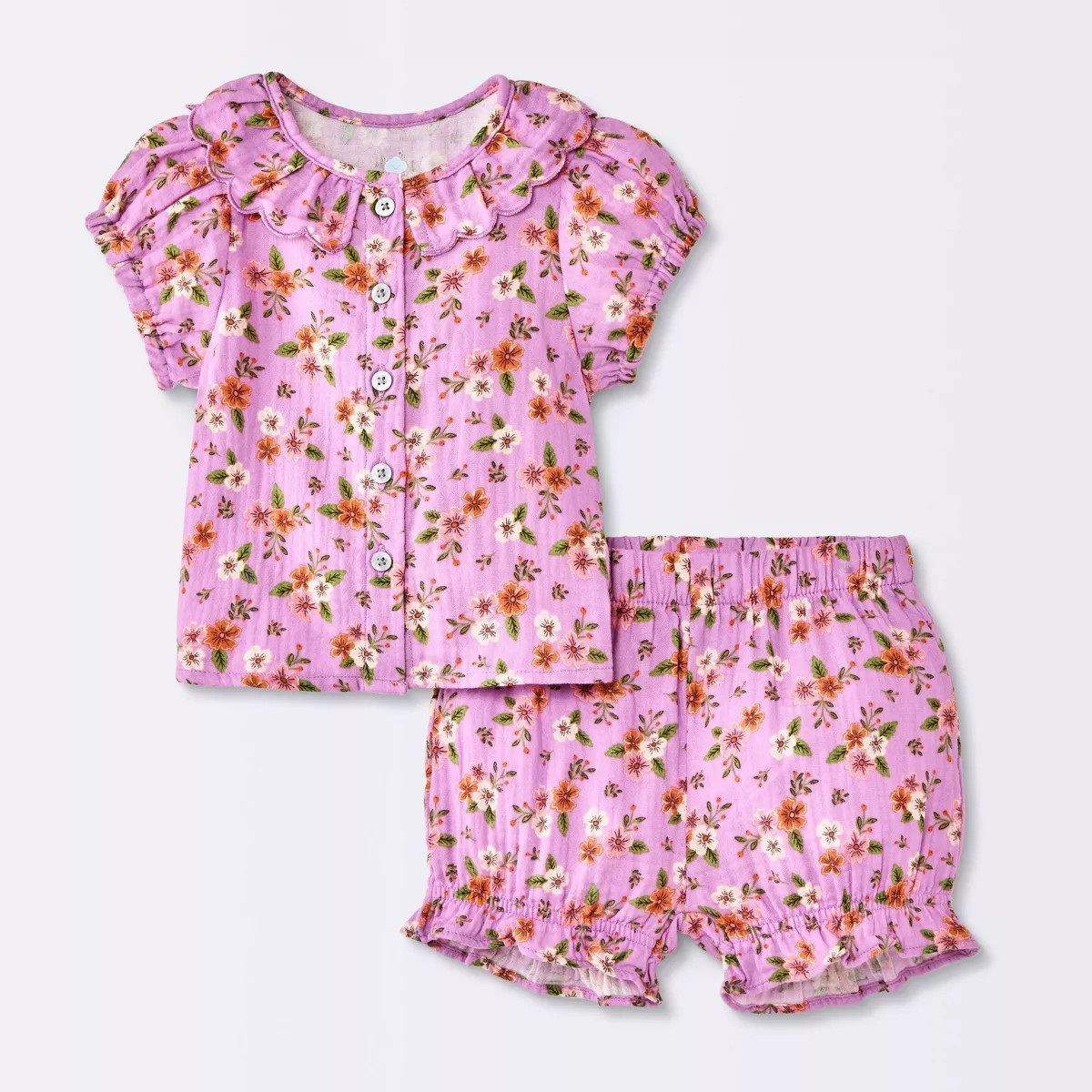 Baby Girls' Floral Scallop Collar Short Sleeve and Shorts Set - Cloud Island™ Purple 12M | Target