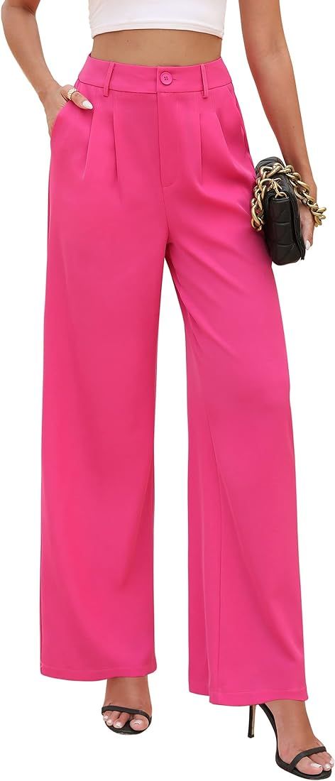 Womens's Essentials Wide Leg Pants with 2 Front Pockets/High Waisted Pleated Slacks for Daily Wea... | Amazon (US)