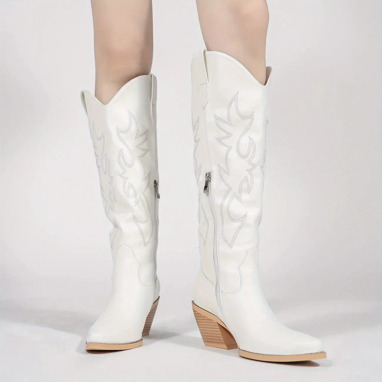 Women's White Cowboy Boots, Stylish Side Zipper Chunky Heel Boots, Fashion Embroidered Pointed To... | Temu Affiliate Program