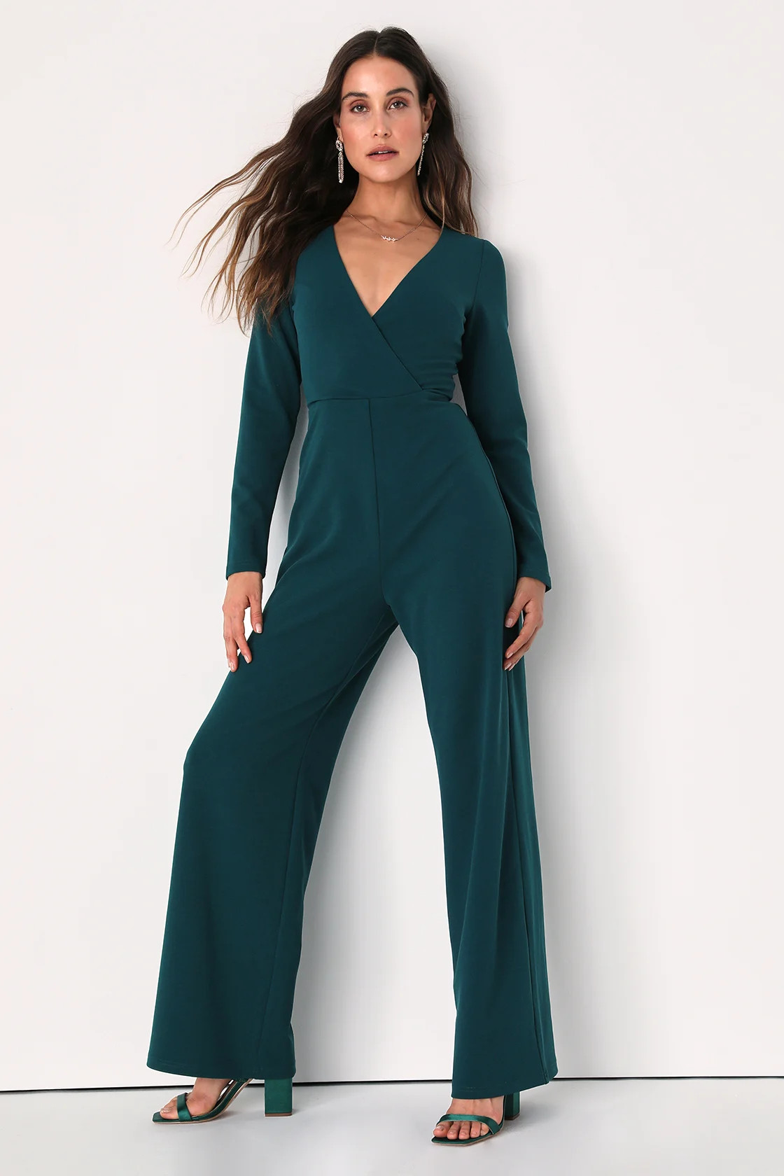 Utterly Chic Emerald Green Long Sleeve Wide-Leg Jumpsuit | Lulus (US)