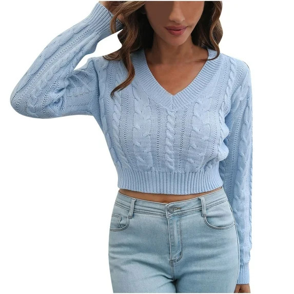 DeHolifer Women's Cropped Sweater Fall Winter Long Sleeve V Neck Solid Color Cable Knit Sweater L... | Walmart (US)