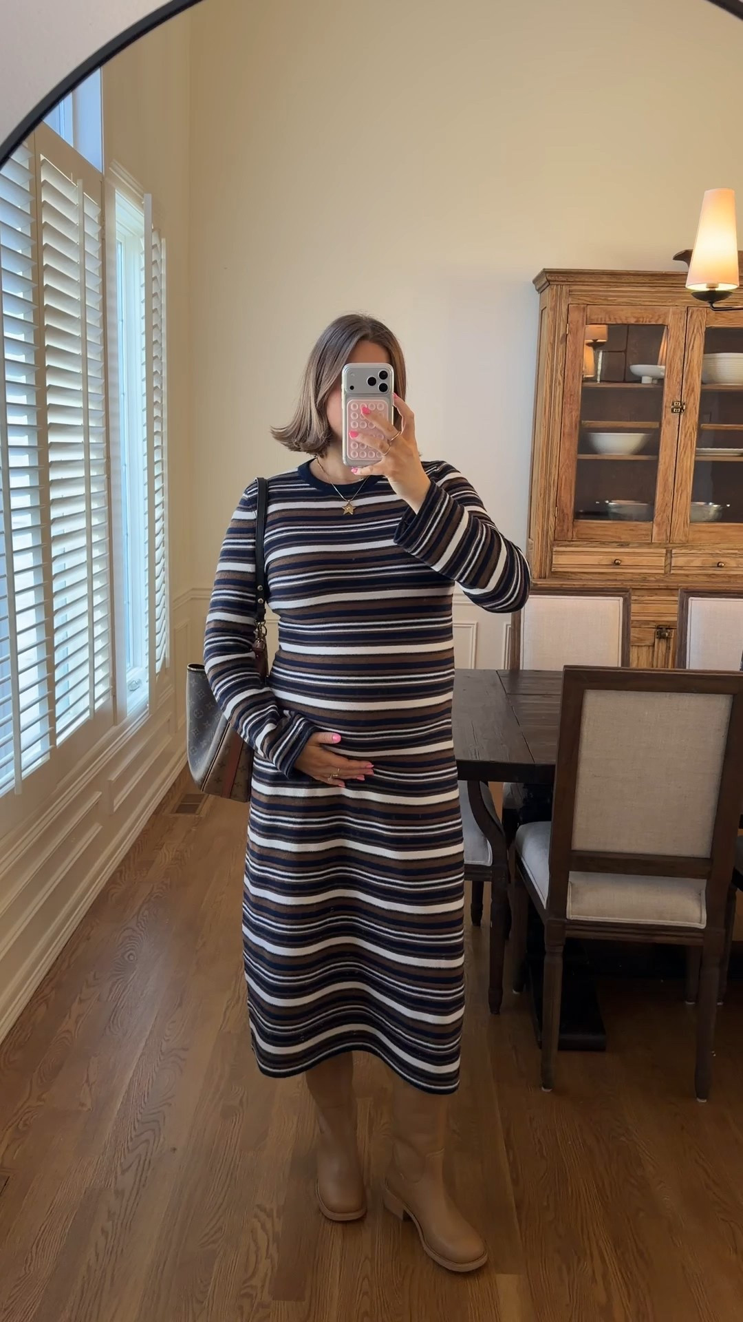 Dress is extra 30% off with code LONGWKND I’m wearing a large I sized up for my bump (second trimester) and it has great length, stretch and is super soft and warm. Boots true to size and comfortable size 8! 

#madewell #sale #pregnant #bumpstyle #stevemadden #bananaboots