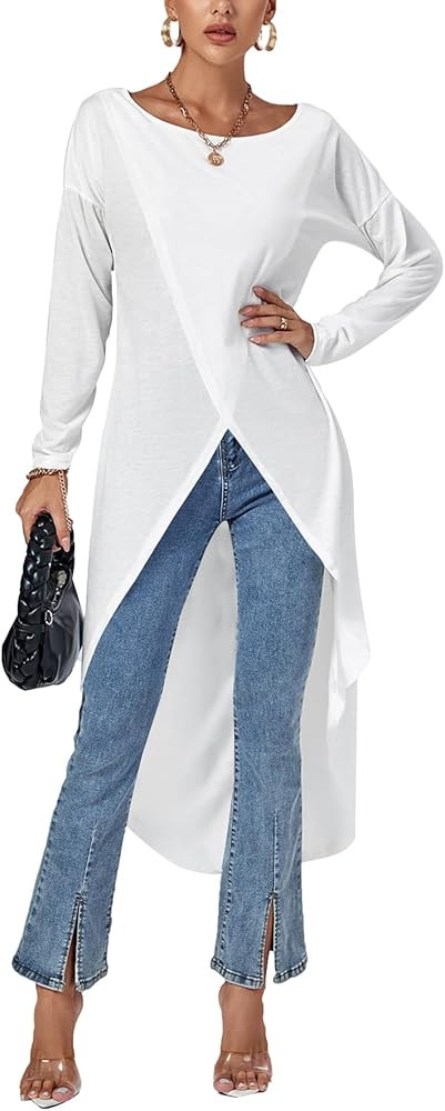 LYANER Women's High Low Hem Split Wrap Front Long Sleeve Tunic Long Shirt Blouse Top | Amazon (US)
