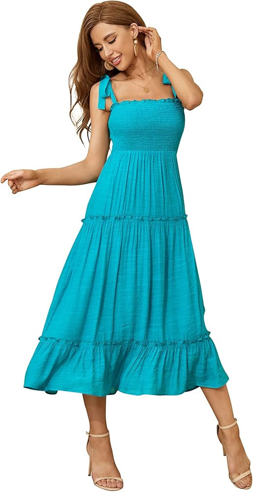 R.YIposha Women's Boho Summer Adjustabl Strap Ruffle Square Neck A-Line Flowy Beach Maxi Dress | Amazon (US)