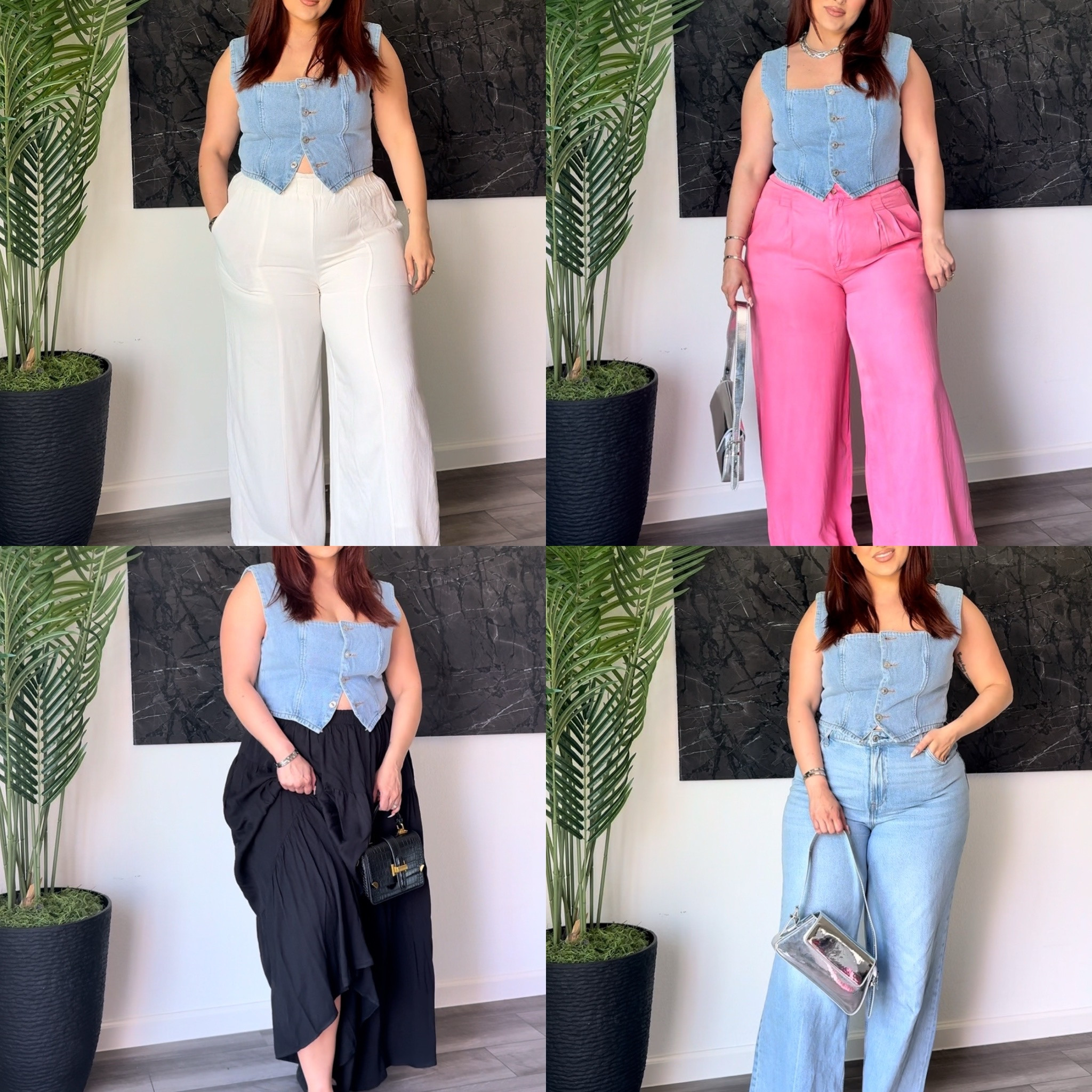 Denim vest- xL
White linen pants- xl
Pink pants- XL
Black skirt- XL
Jeans- 33 long 