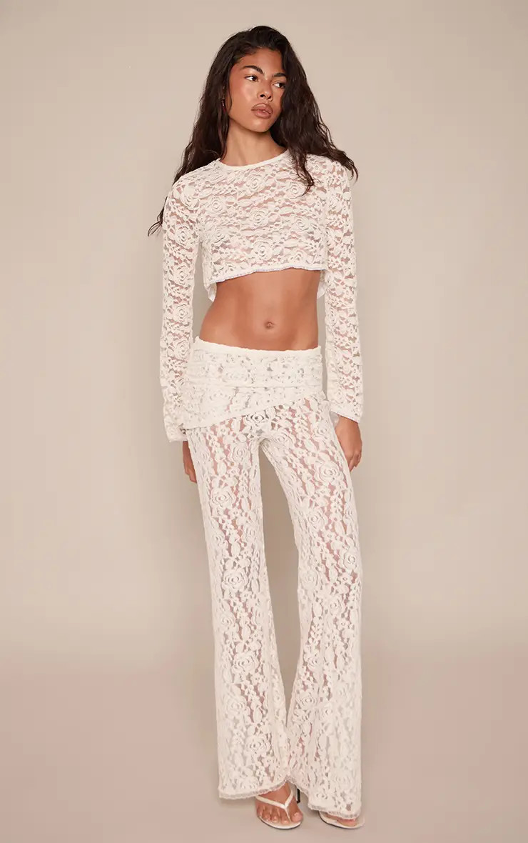 Cream Lace Ruched Overlay Flared Trousers Co-ord | PrettyLittleThing UK