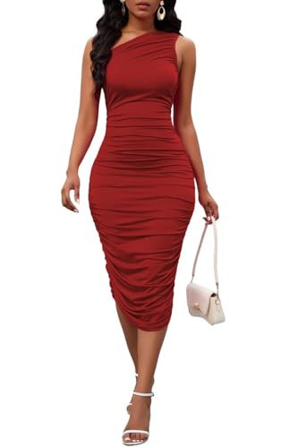 Women's Sexy One Shoulder Ruched Sleeveless Bodycon Red Dresses for Party Valentines Day Dinner Brithday Cocktail Club Wedding Guest X-Large | Amazon (US)