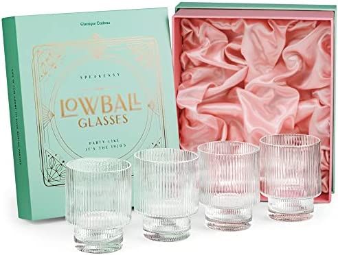 Vintage Art Deco Lowball Ribbed Cocktail Glasses | Set of 4 | 12 oz Crystal Double Old Fashioned ... | Amazon (US)