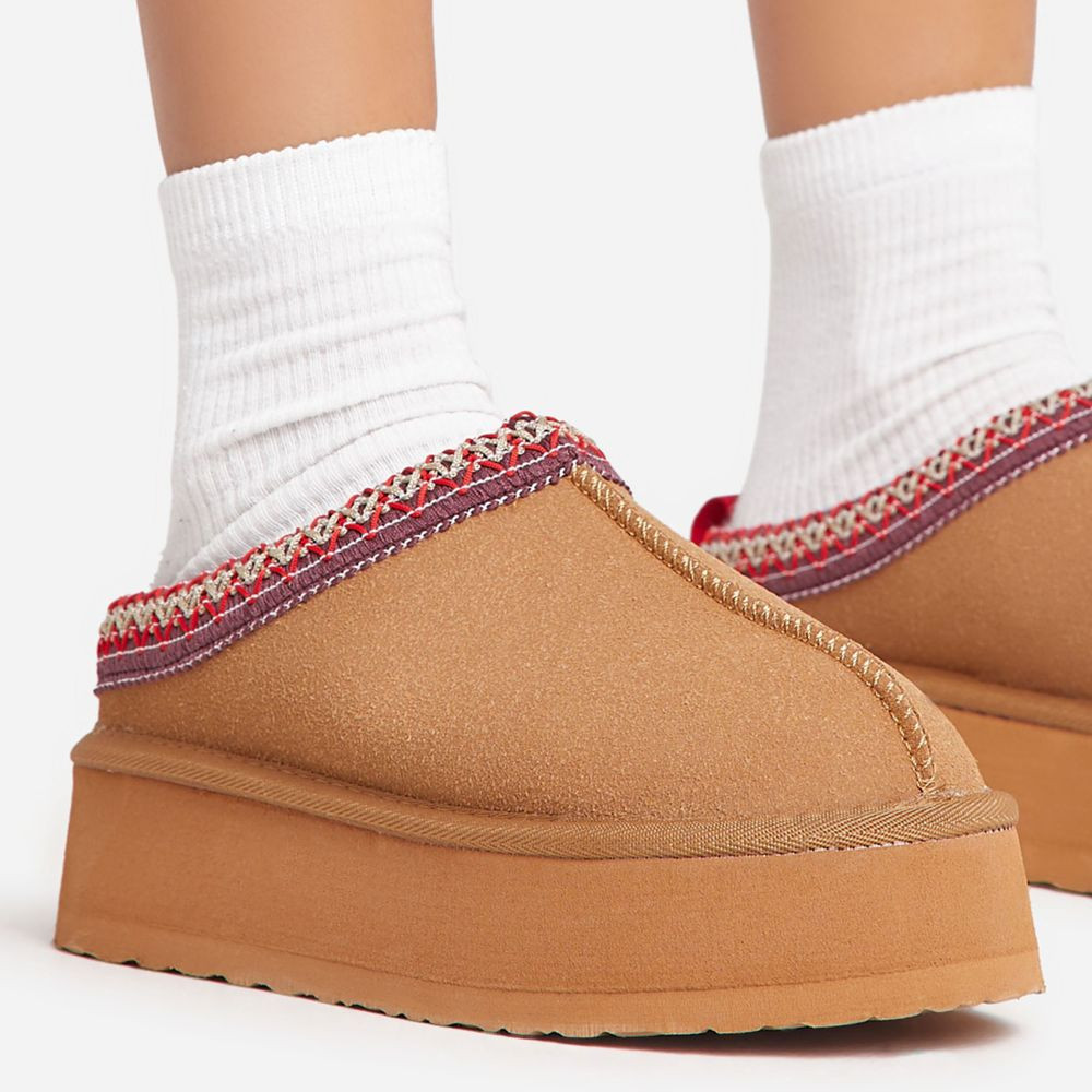 Tazmin Aztec Detail Faux Fur Lining Platform Slipper In Chestnut Faux Suede | EGO Shoes (US & Canada)