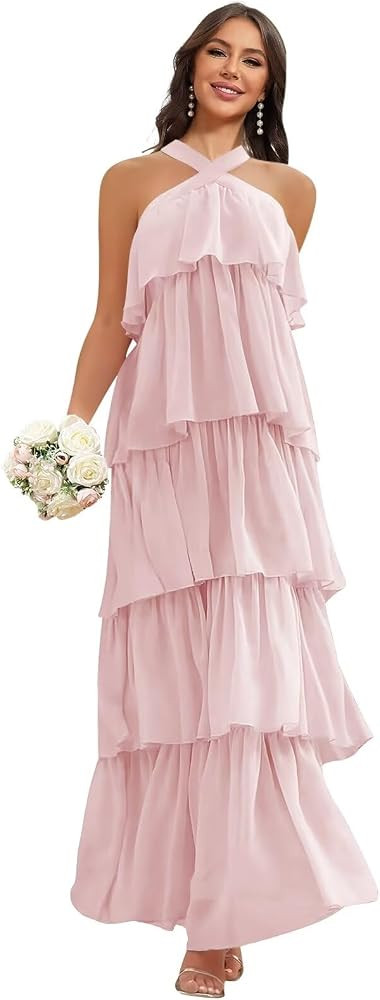VGZ Halter Chiffon Bridesmaid Dresses for Women Tiered Ruffle Long Formal Evening Gown | Amazon (US)