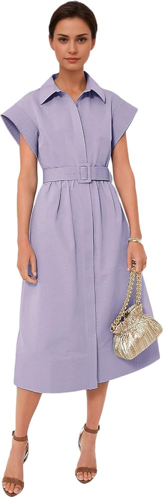 Women's Casual Button Shirt Dresses Short Sleeve Business Long Dresses Elegant Trench Coat with P... | Amazon (US)