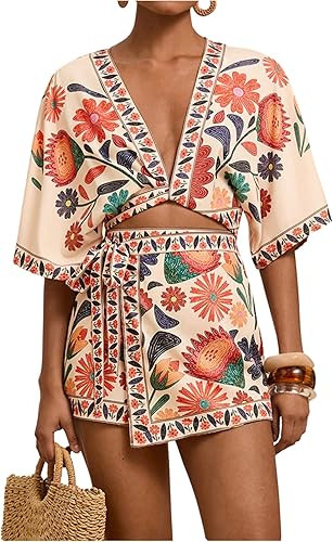 Women's 2 Piece Outfits Half Sleeve Crop Blouses and Wrap Skirts Set Boho Beach Vacation Clothes | Amazon (US)
