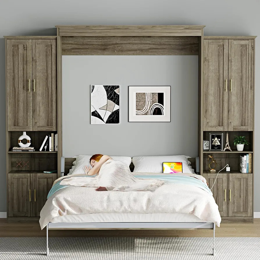 Rophefx Murphy Bed Queen with 2 Side Cabinet Storage Shelves, Queen Wall Bed Cabinet with USB Por... | Amazon (US)