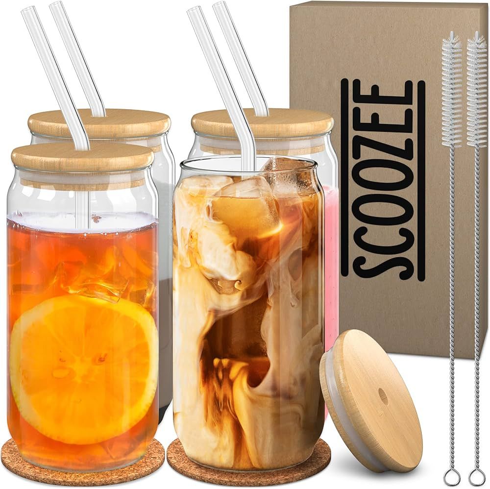 Scoozee Glass Cups with Lids and Straws (Set of 4, 16 oz) - Glass Tumbler with Straw and Lid, Can... | Amazon (US)