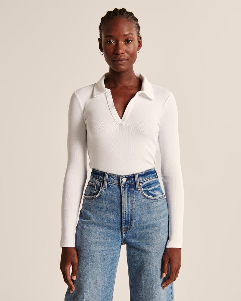 Women's Long-Sleeve Ribbed Polo Top | Women's Tops | Abercrombie.com | Abercrombie & Fitch (US)