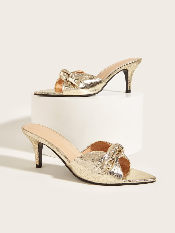 Women Knot Detail Stiletto Heeled Sandals, Glamorous Party Golden Mule Sandals | SHEIN