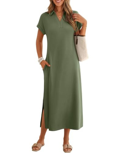 MEROKEETY Women's Summer Casual Maxi Dress 2026 Cap Sleeve V Neck Collared Beach Vacation T Shirt Long Dresses, ArmyGreen, Large | Amazon (US)