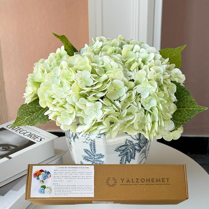 RUZUQE 3 Pcs 21In Artificial Light Green Hydrangea Natural Lifelike Real Touch Faux Large Royal H... | Amazon (US)
