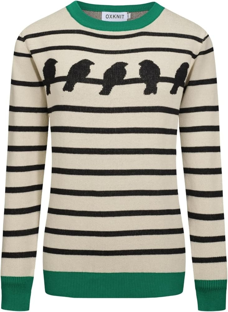 OXKNIT Women's Knit Long Sleeves Sweaters, 1960s Retro Black Birds Pattern Beige Crewneck Knitted... | Amazon (US)