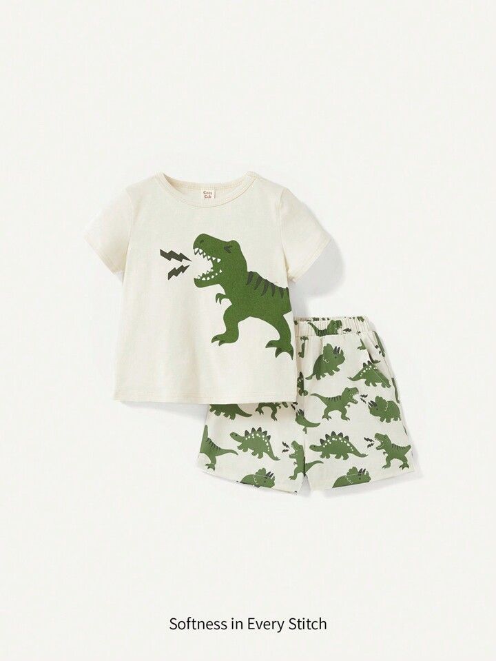 Cozy Cub Baby Boy Cartoon Dinosaur Printed Round Neck Short Sleeve Top And Casual Shorts Set | SHEIN