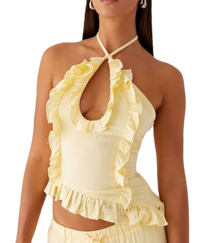 Open Back Halter Tops for Women Bow Tie Back Ruched Ruffle Crop Tops Smocked Y2K Going Out Camisoles (Asymmetrical Yellow, S) | Amazon (US)