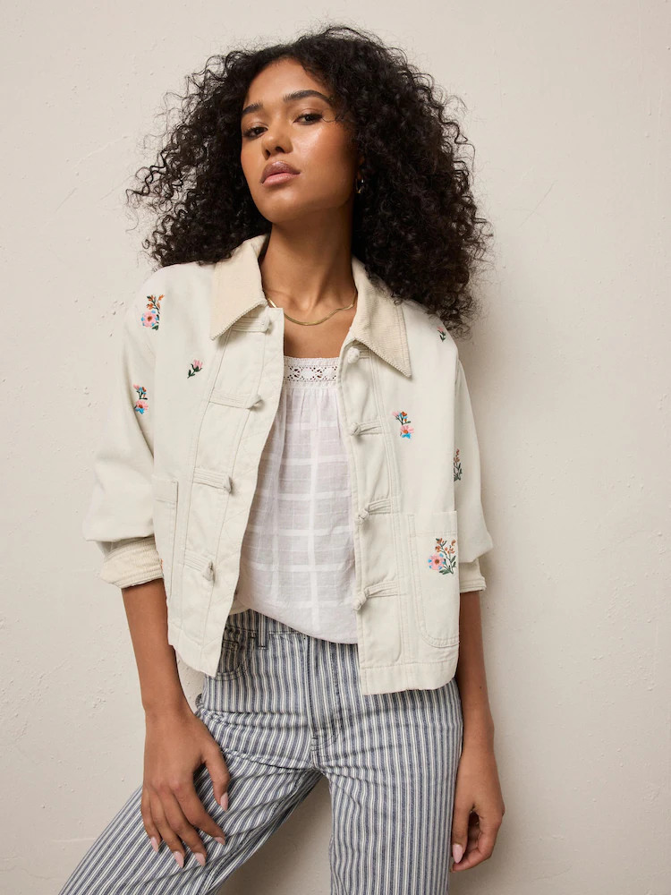 Ecru Cord Collar Cotton Floral Embroidered Jacket | Next US