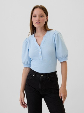 Ribbed Henley Puff Sleeve Top | Gap Factory