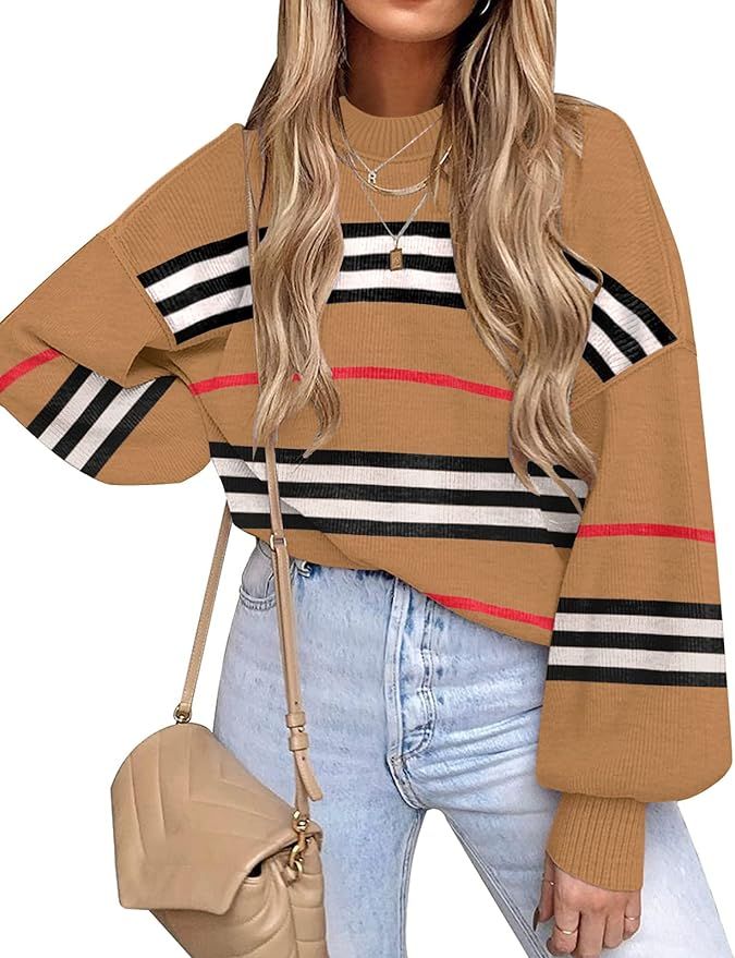 ETCYY Womens Striped Sweaters 2023 Fall Batwing Long Sleeve Side Slit Oversized Sweaters Trendy C... | Amazon (US)