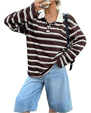 SOLY HUX Women's Striped Oversized T Shirts Collared Long Sleeve Vintage Tees Streetwear | Amazon (US)