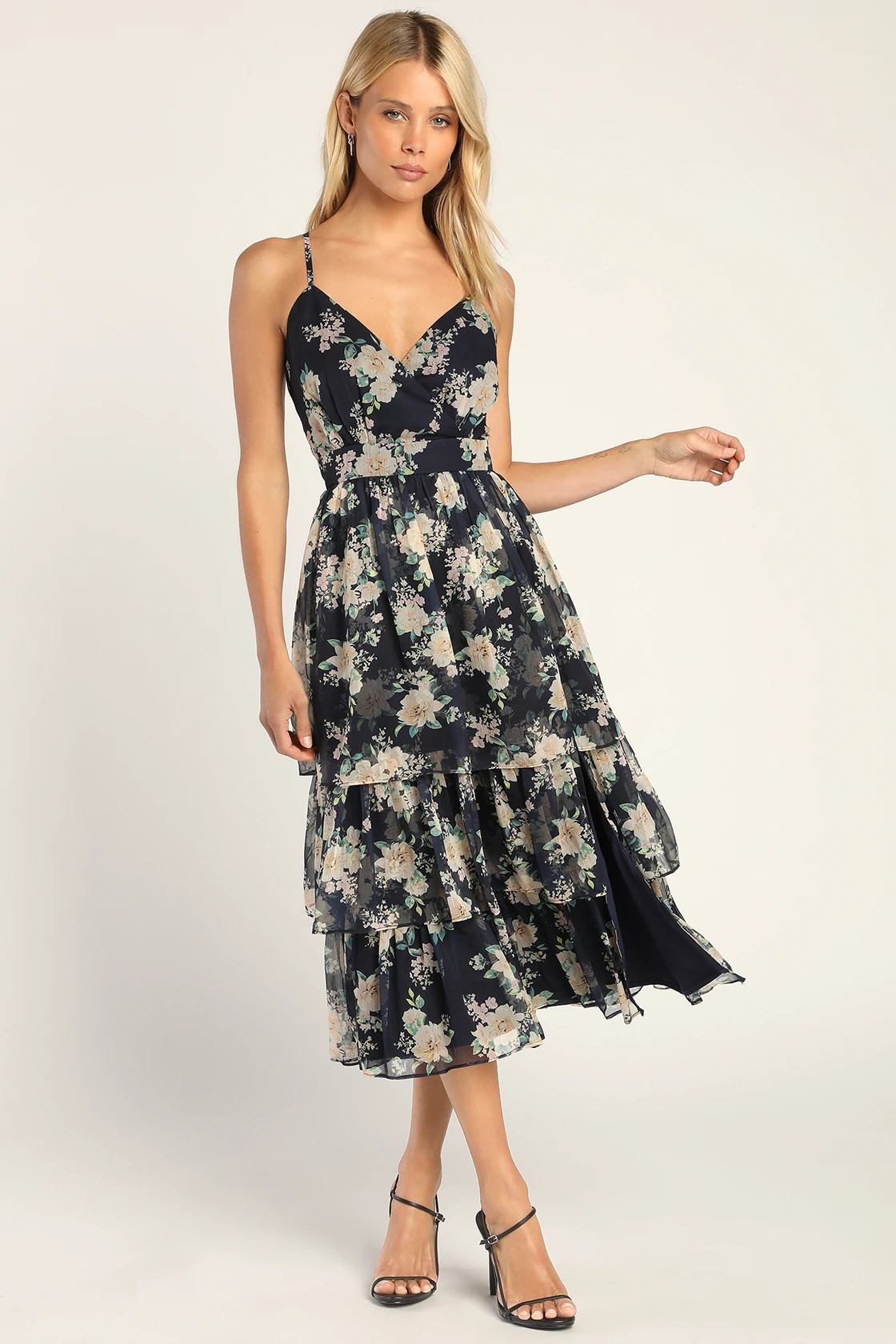Cultivate Crushes Navy Floral Print Tiered Ruffled Midi Dress | Lulus (US)