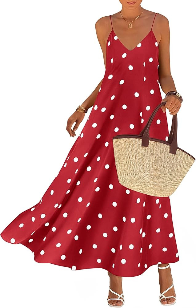 KIRUNDO Boho Maxi Dress for Women Summer Spaghetti Strap V Neck Polka Dot Flowy Long Beach Vacati... | Amazon (US)
