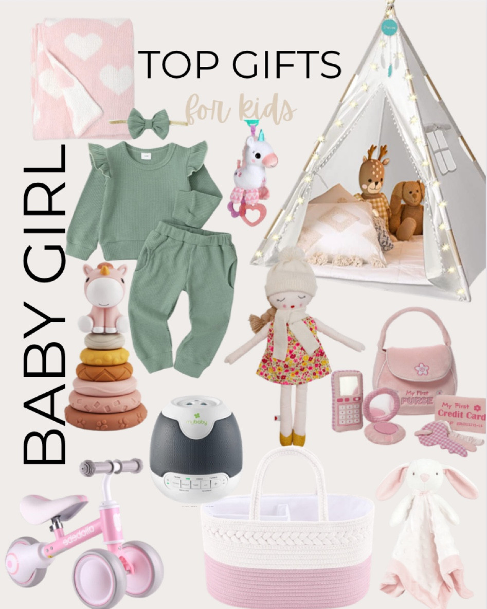 Top gifts for a baby girl include teepee tent, knit doll, purse and accessories, sound machine, basket organizer, small trike, bunny lovie, stackable rings toy, knit green outfit, car seat toy, and cute hearts blanket.

Baby gifts, gifts for baby, baby girl gifts, Christmas gifts

#LTKkids #LTKunder50 #LTKGiftGuide